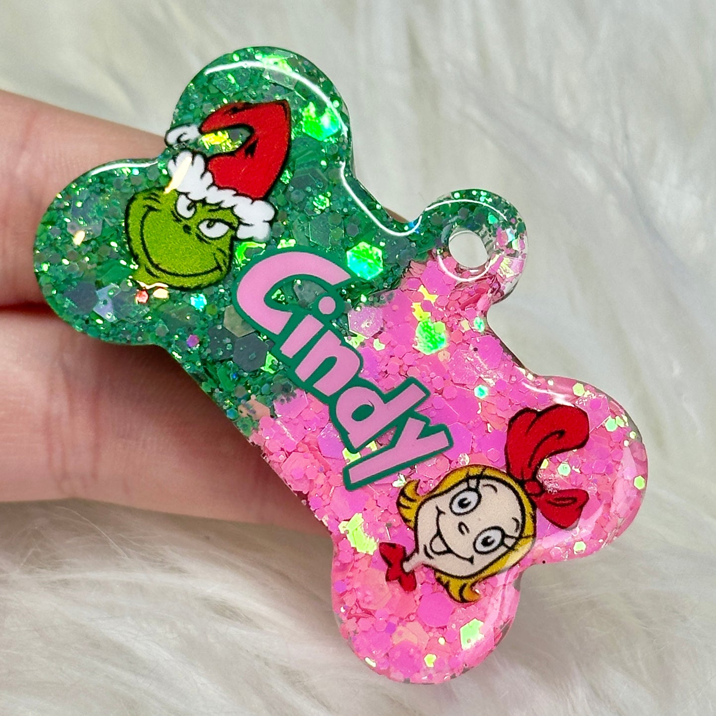 GRINCH & CINDYLOU TAG * please note the glitter used will be a little different than the one in the photo as were sold out of this*