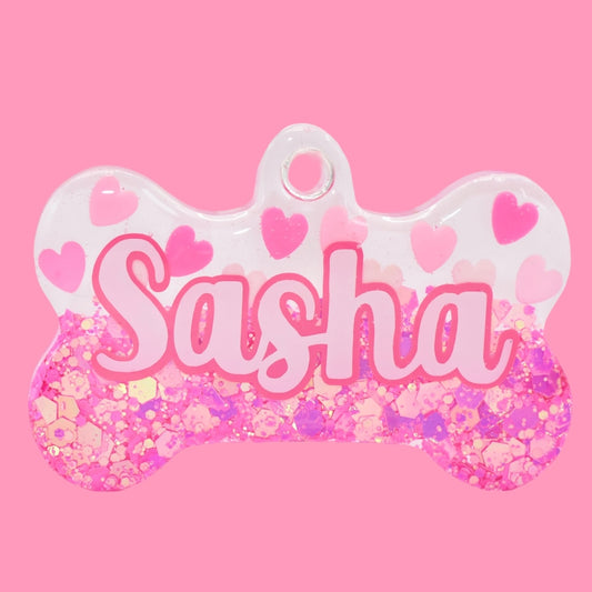 Hot Pink Glitter Half Hearts Tag