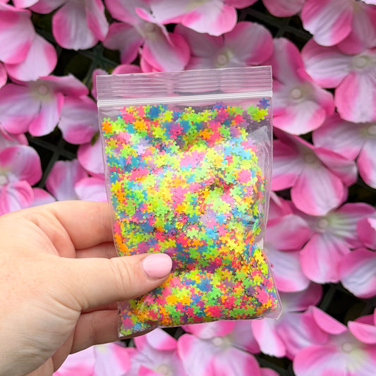 Neon Jigsaw Piece Glitter Tag