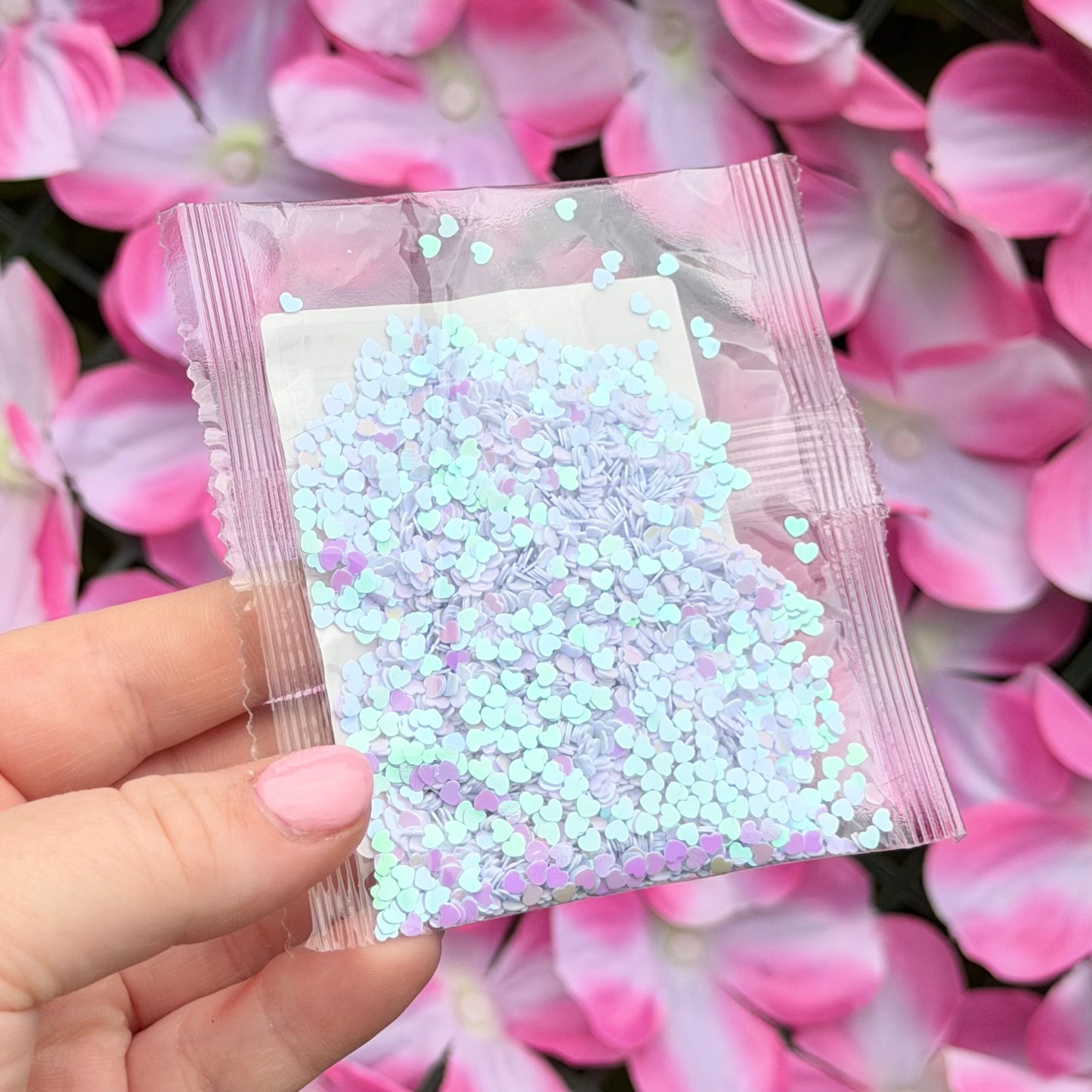 The Gypsy Glitter Tag (white hearts with purple reflects)